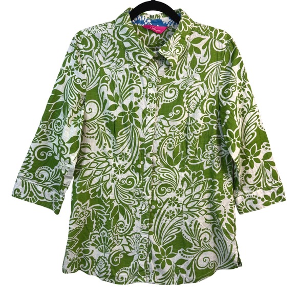 Pappagallo Shirt Blouse Medium Womens Button Down Green White Floral Roll Tab - Picture 2 of 15